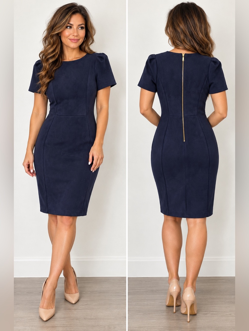 Calvin Klein Navy Blue Faux Suede Sheath Dress Size 2 Gold Zip Short Sleeve